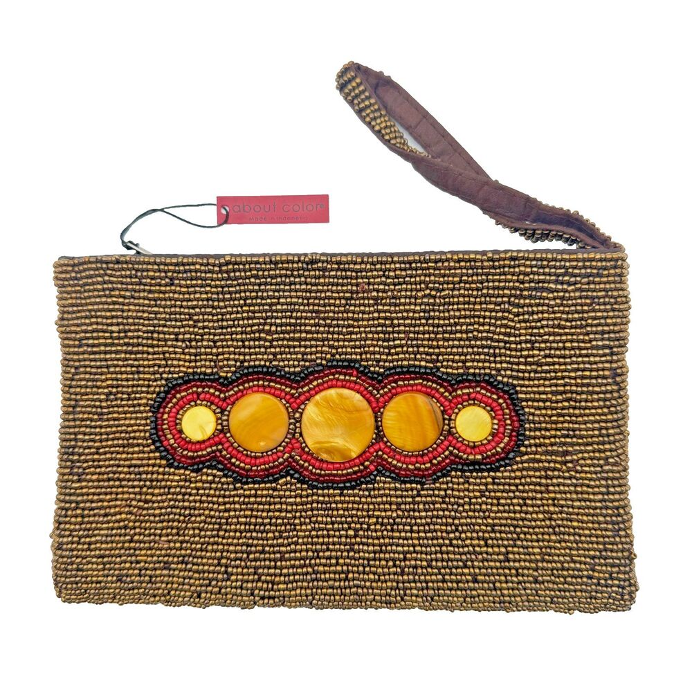About Color Beaded Clutch‎ Wristlet Bronze Seed Beads Shell Inlay Boho Bag NWT